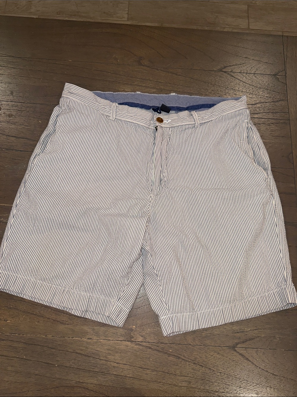 J. Crew White & Blue Striped Seersucker Flat-Front Shorts